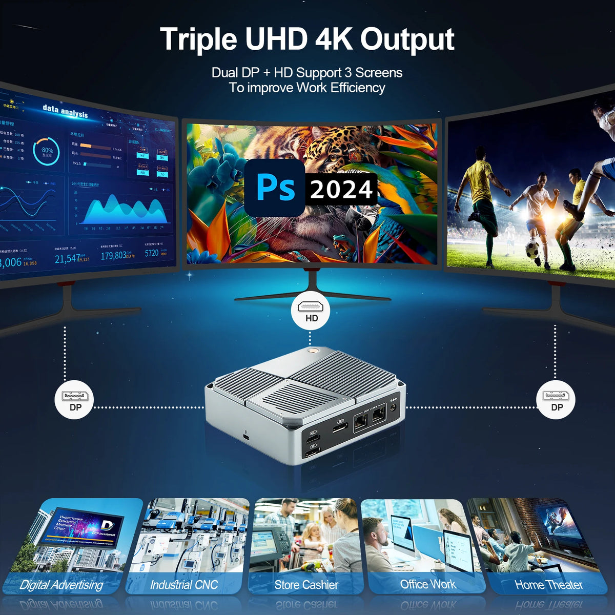 VNOPN Mini PC Intel N100/AMD A9-9420 Win10 DDR4 2LAN HDMI+2*DP Small Pocket Computer Dual SSD Full Function Type-C 4K 60Hz