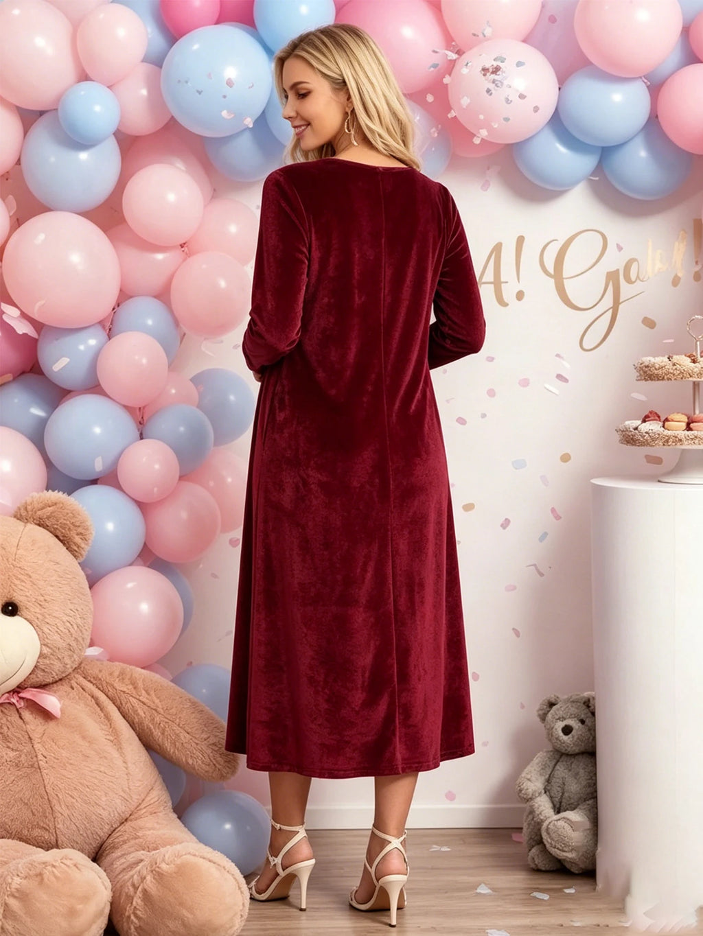 Maternity Autumn Winter Golden Velvet Pocket Long Sleeve Dress Formal Party Gala Long Dress Burgundy Maternity