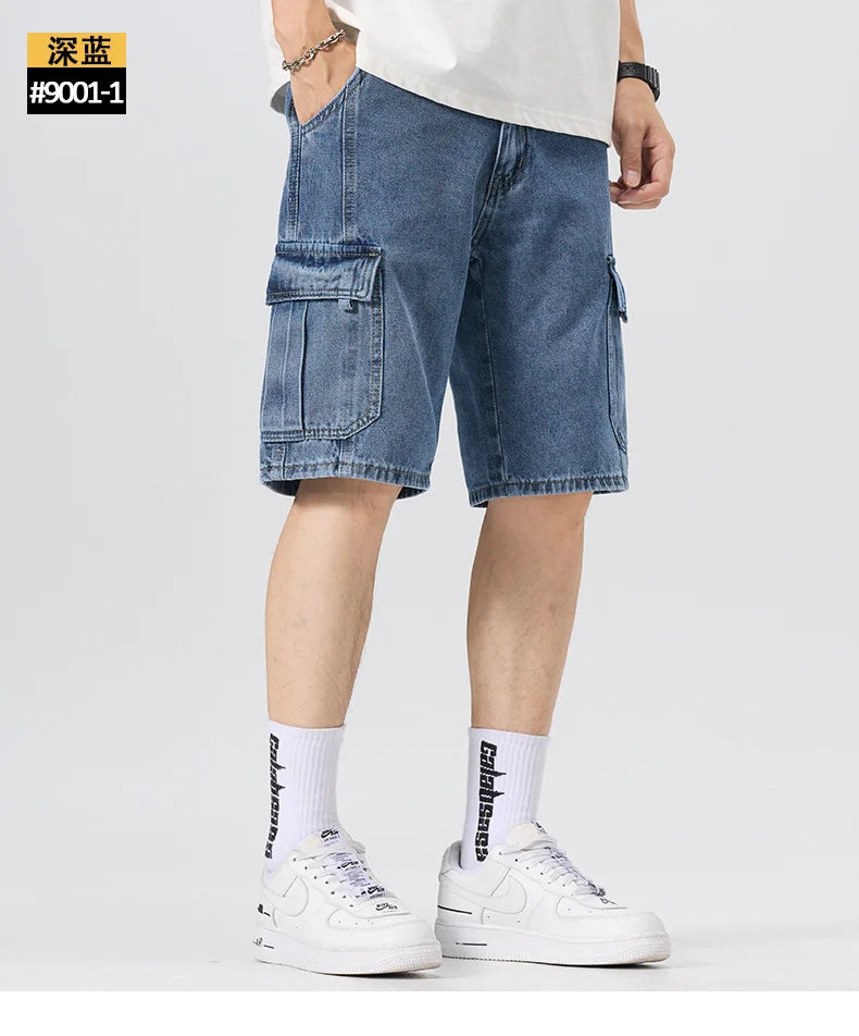 Men's Fashion Cargo Denim Shorts Summer Streetwear Multi-Pocket Casual Knee Length Stretch Five-Point Jeans Shorts Male Trendy