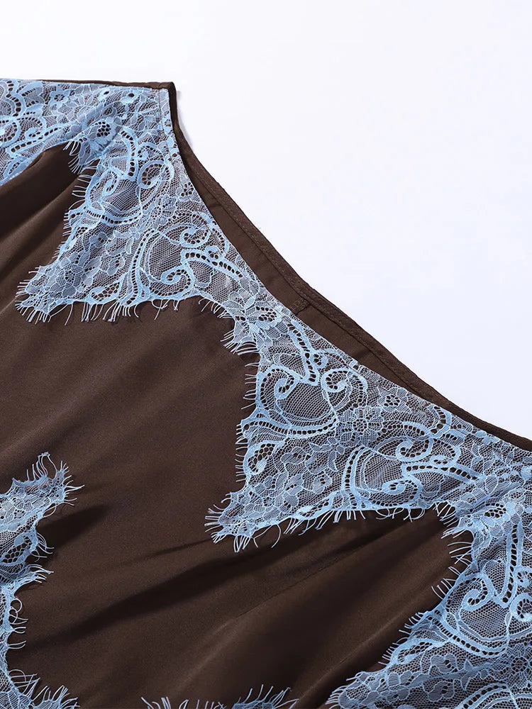 Elegant Lace Patchwork Long Women's Dress Urban Skew-collar Short Sleeve Empire Female Dresses 2026 Summer Vacation Lady Robe