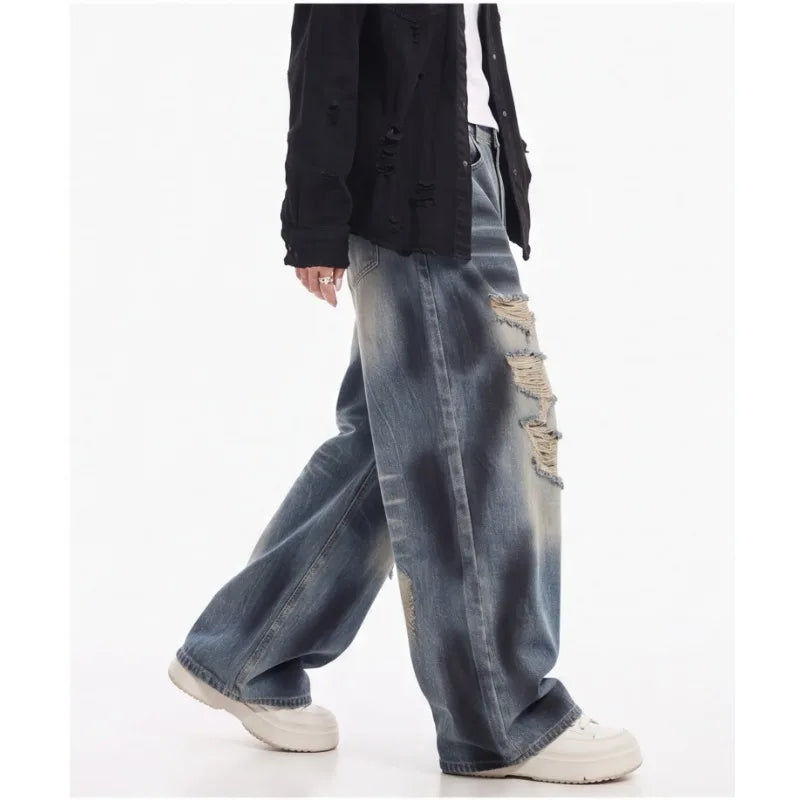 Women Summer Autumn Ripped Wide Leg Floor Length Jeans American Vintage Loose Slim Fit Design Casual Long Denim Trousers