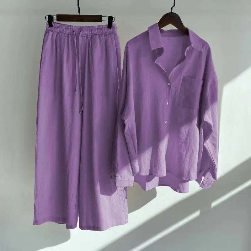 Women's 2-piece set 2026 Spring Autumn New Long sleeved Cotton linen Shirt top+High waisted loose Pants Comfortable Casual Sets