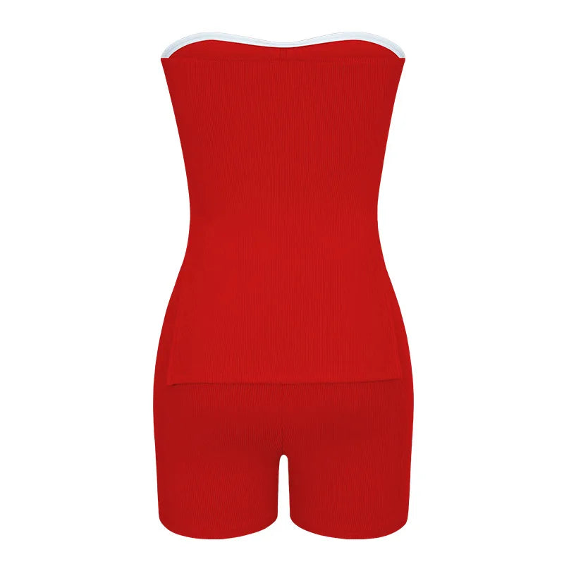Sexy Solid Slim Suit For Women Fashion Strapless Side Split Top Elastic Waist Package Hip Shorts Two Piece Set 2026 Summer New