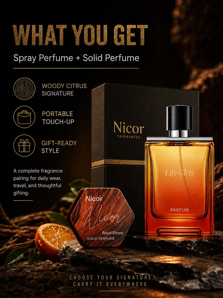 Men's Woody Citrus Perfume Set, Spray Cologne + Solid Perfume Balm, Long Lasting Royal Ebony Travel Fragrance Gift