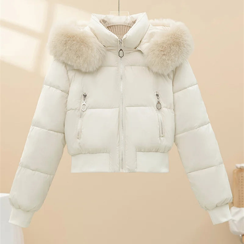 2026 Super-short Cotton-padded Jacket Women's Elastic-waist Winter Coats Fur Collar Hooded Parkas Streetwear Warm Slim Outerwear