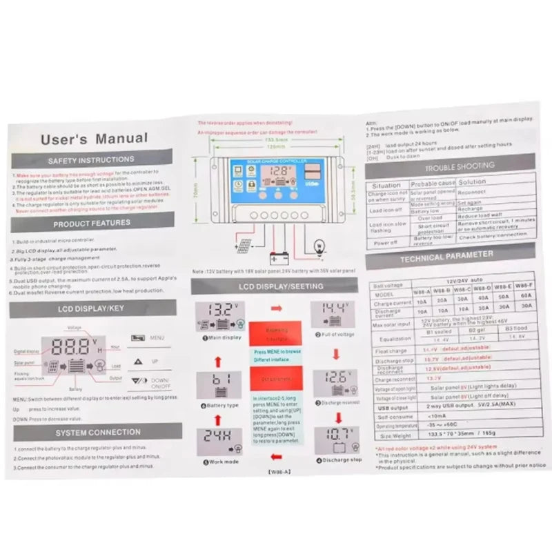 Solar Charge Controller, Photovoltaic Panel PV Regulator, Load Discharger, Auto LCD, Dual USB, 5V Output, 12V, 24V, 30A, 10A