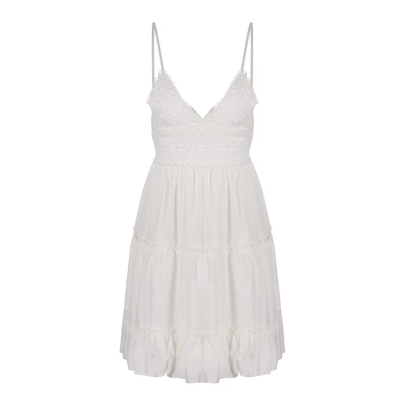 New Women Party Lace Flower Backless Mini Dress Summer Sexy Sling Spaghetti straps Deep V Neck Wedding Club Vestidos