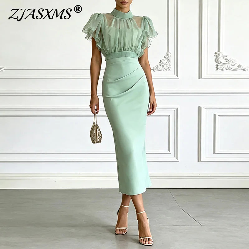 Women Solid 2 Piece Set Stand Collar Ruffle Puff Sleeve Mesh Crop Top & Bodycon Skirt Suits Elegant Wedding Guest Evening Outfit