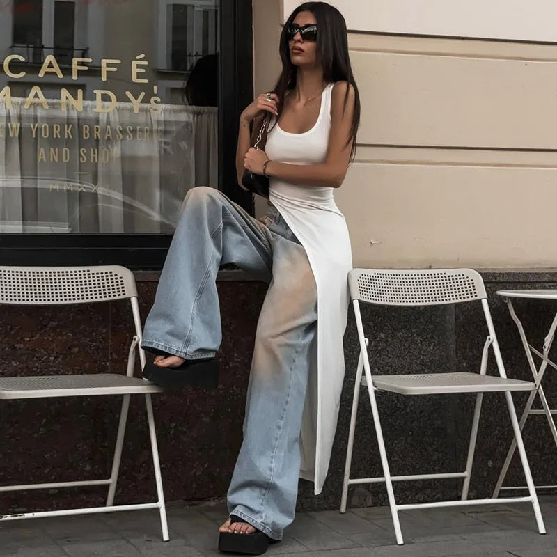 Sexy Sleeveless Side High Split Midi Dress Backless Women's Summer Party Club Streetwear Y2K Style Solid Color