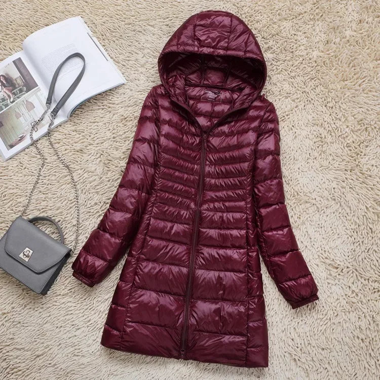 Plus Size White Duck Down Jacket Light-weight Down Jacket Women Inner Cloth Coat Ladies Long Winter Hat Hooded Femal