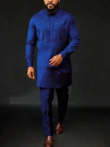 2024 Luxury Men's Suit Set Kaunda Suit Tuxedo Outfits Pocket Top Pants African Ethnic Wedding Gentleman 2pcs Sets Suit Outfits