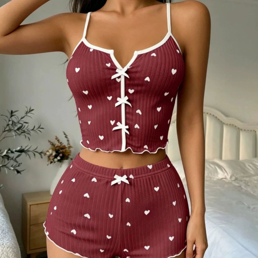 Women's Pajamas Set Sleepwear 2 PCS Short Tank Tops And Shorts S M L White Ventilate Soft Casual Love Printing