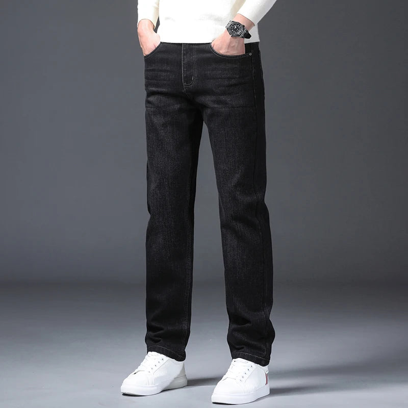 Classic Straight Men's Jeans Spring Slightly Thick Elastic Casual Office Business Trousers Fashion Comfort Washed Denim Pants