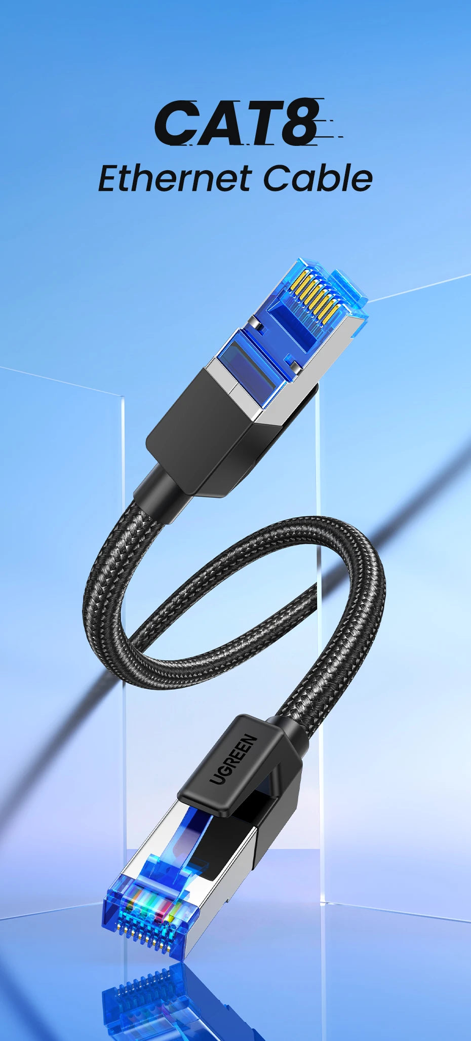 UGREEN Ethernet Cable CAT8 40Gbps Cotton Braided PVC Network Lan Cord for PC Modem Laptop PS 5/4 Router RJ45 Cable Ethernet