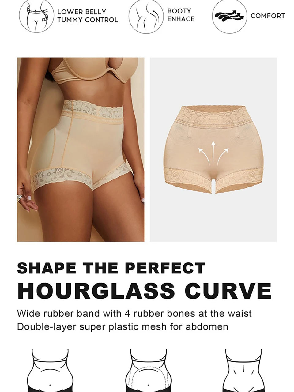 Compression Body Shapewear Panties for Women Mid-Waist Trainer Booty Enhancer Underwear Anti-Slip Lace Butt Lifter Underwear