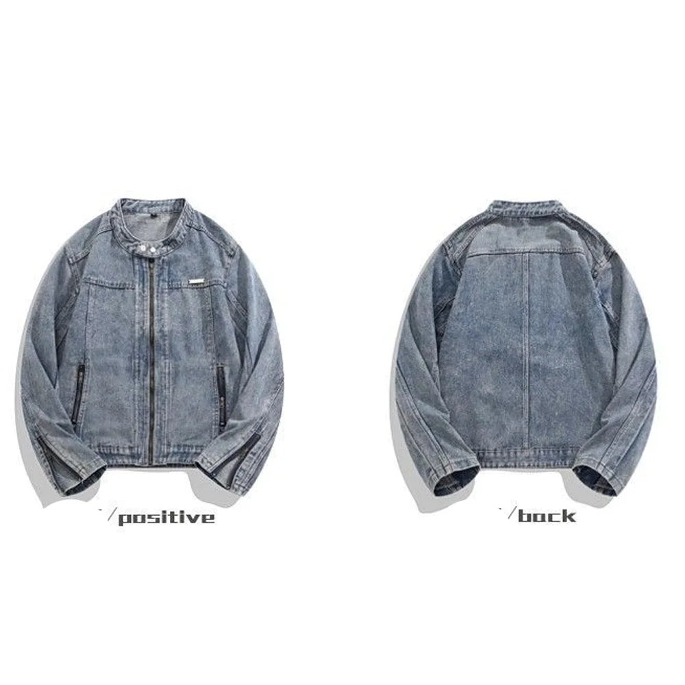 Men Denim Jacket Round Neck Zip Up Slim Fit Washed Vintage Casual Biker Jean Jacket Streetwear Outerwear 2026 New