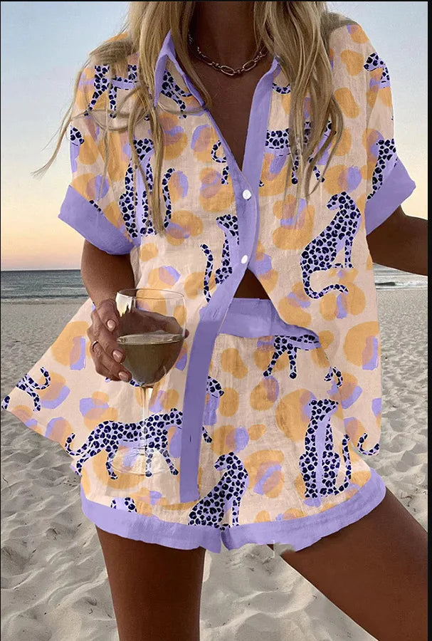 Fashion Print Beach Holiday 2-Piece Set Women Summer Short Sleeve Shirt Top + Wide Legs Short Women's Oversized Two-Piece Outfit