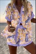 Fashion Print Beach Holiday 2-Piece Set Women Summer Short Sleeve Shirt Top + Wide Legs Short Women's Oversized Two-Piece Outfit