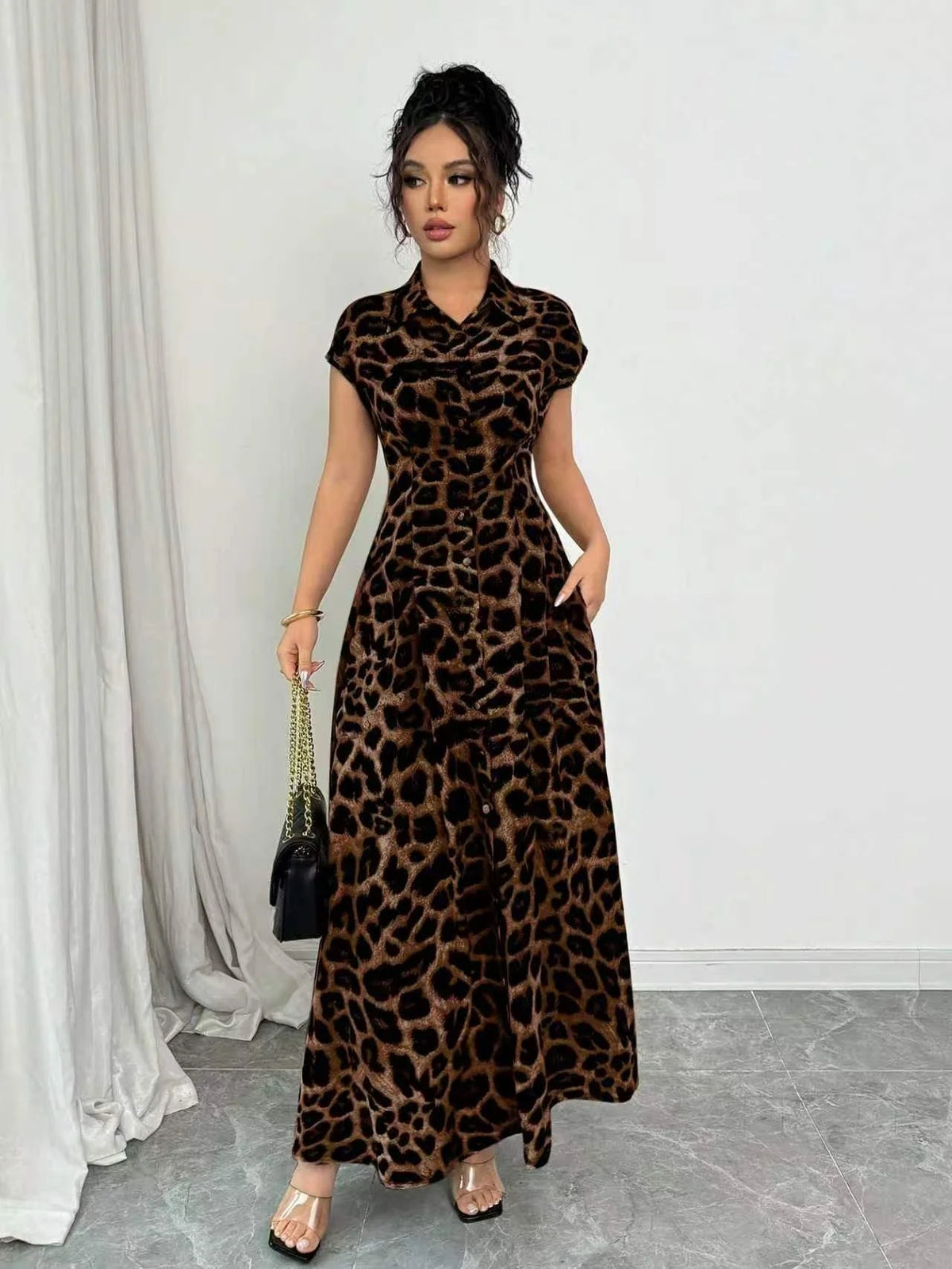 Women's Elegant Leopard Print Lapel Short-Sleeve Waist-Cinched Button Dress