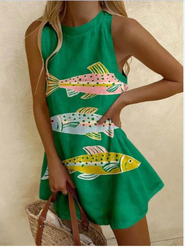 Summer Casual Printed Dress For Women's Sleeveless Round Neck Fashion Dresses Beach Holiday Sundress Party  Vestidos Para Mujer