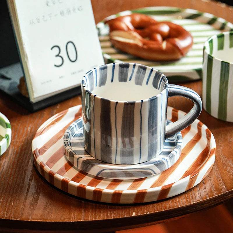 European Striped Ceramic Coffee Cup Saucer Modern Breakfast Dessert Plate Tea Cup Decorative Art Striped Coffee Cup 200 Ml Decor