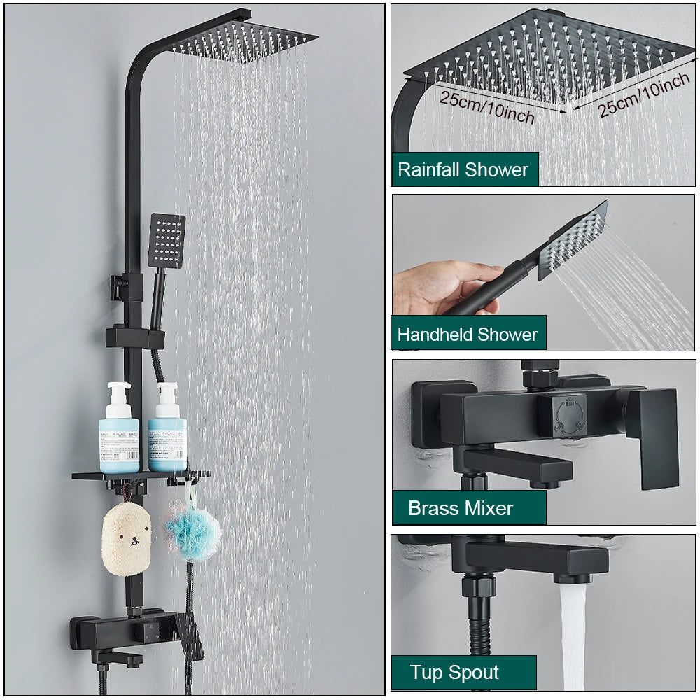 Shower Faucet Set Rainfall 3/4-ways Bathtub Tap With Bathroom Shelf Height Adjust Brass Mixer Crane Hot Cold Water Systems