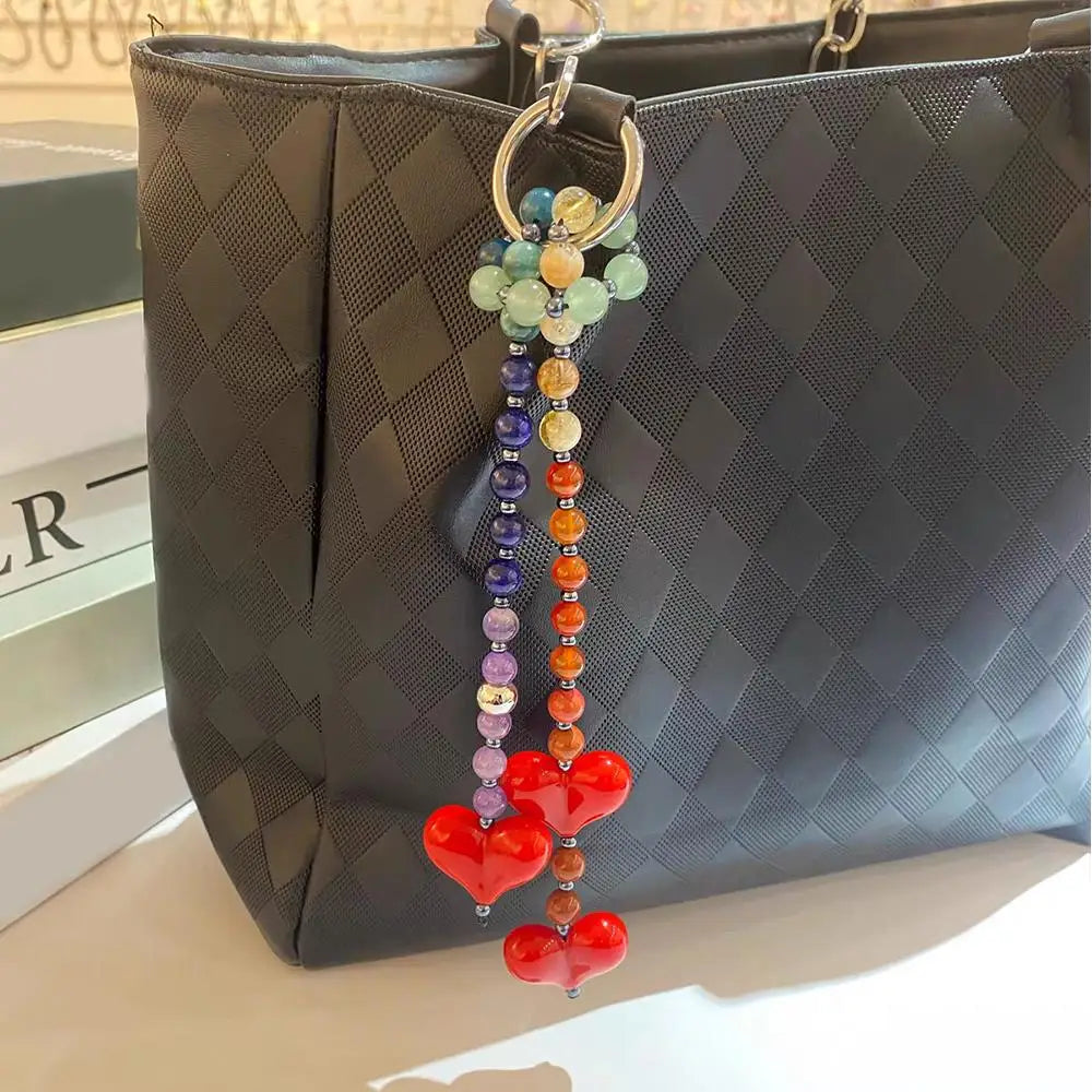 Y2k Love Bead Hanging Chain Bag Charm Women Accesories Red Love Heart Bags Charms Colorful Beads Chain Fashion Lady Jewelry