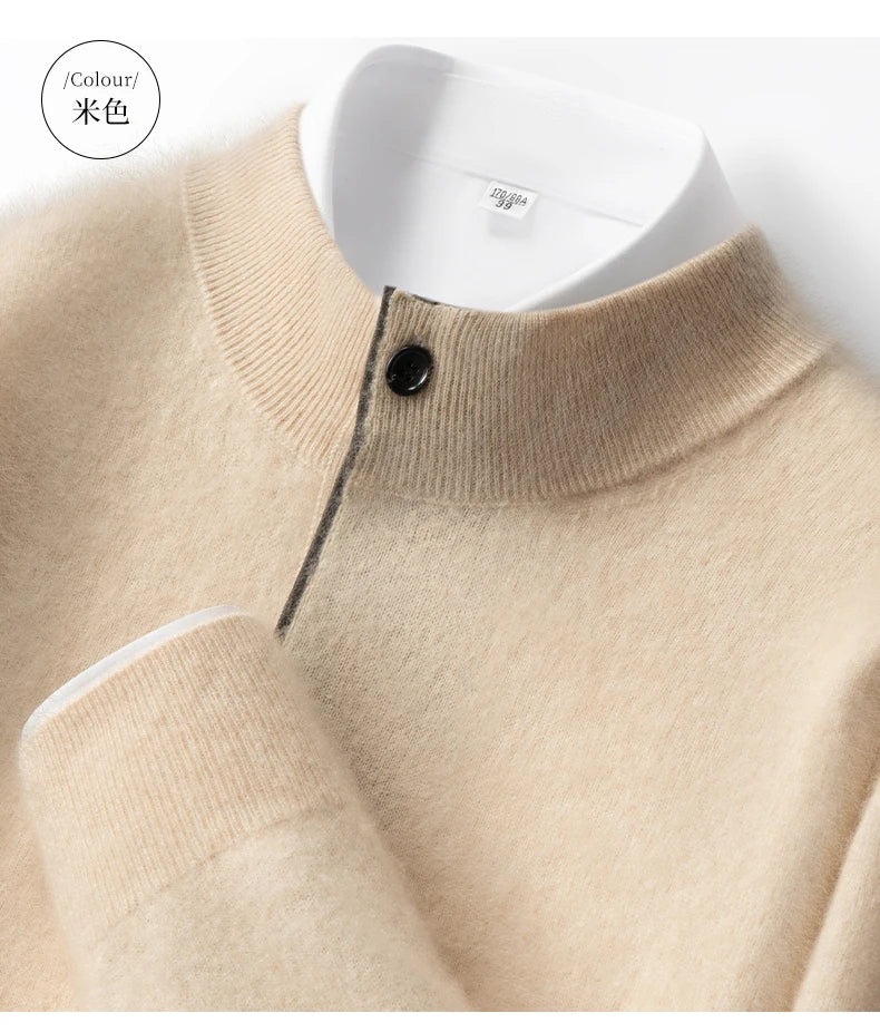 Autumn Winter New Men's Half High Collar Pullover 100% Cashmere Knitted Sweater Casual Business Solid Color Long Sleeve Clothing