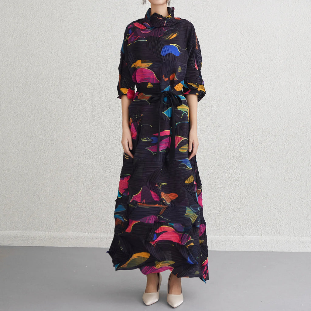 Miyake Fold 2025 Spring New Dress Women's Irregular Print Fold Waist Advanced Sense Dress