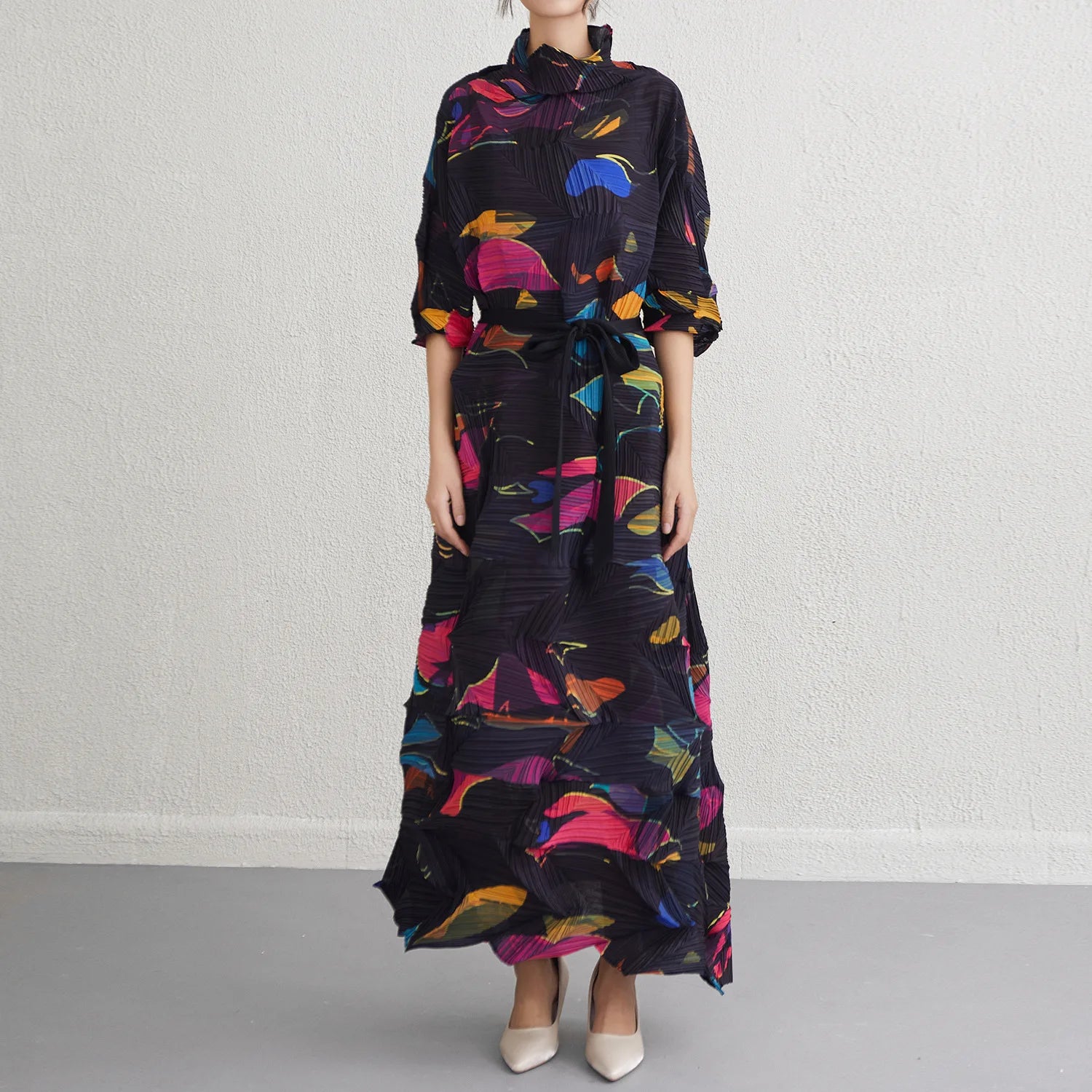 Miyake Fold 2025 Spring New Dress Women's Irregular Print Fold Waist Advanced Sense Dress