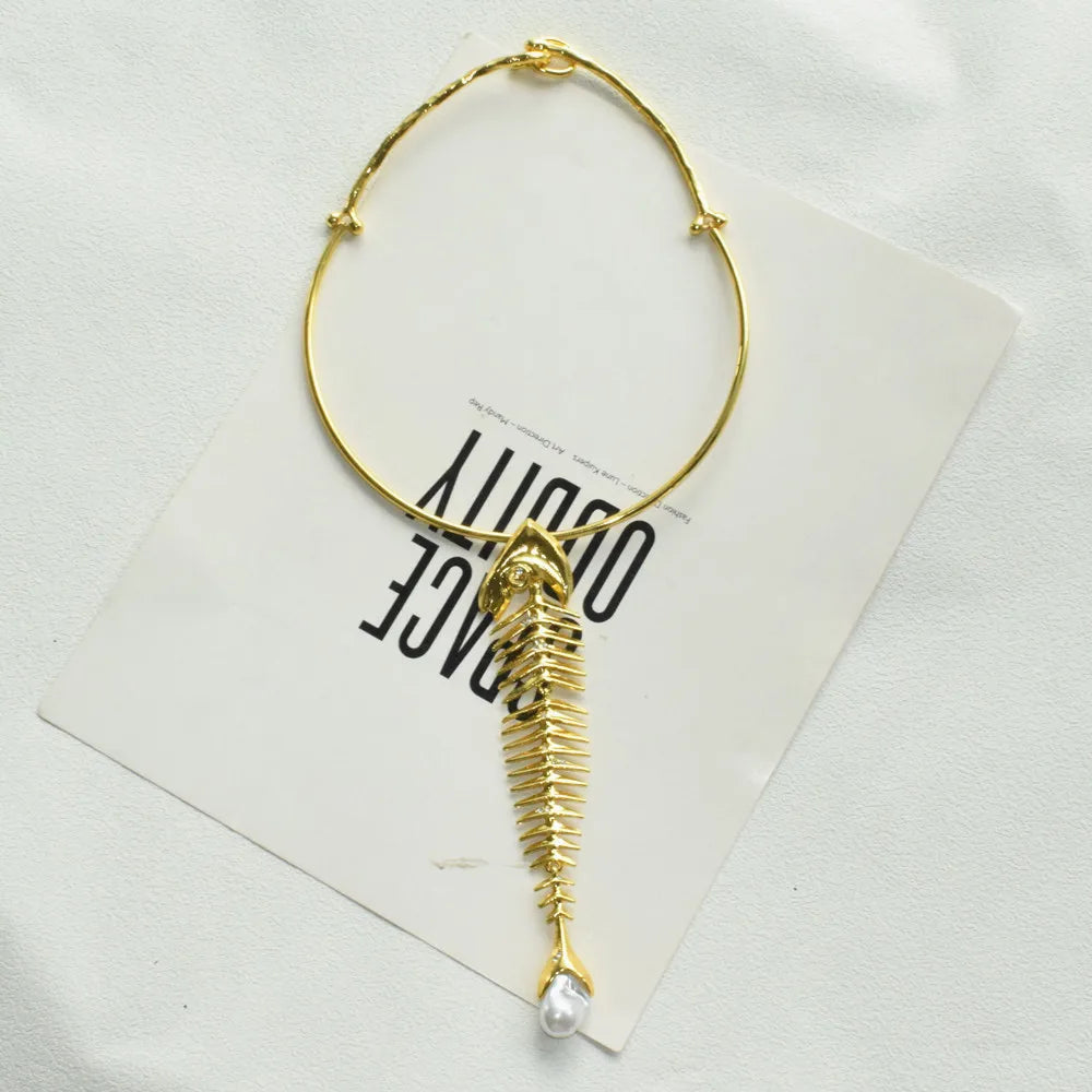 Novelty Design Alloy Big Fish Bone Pendant Choker Necklace For Women Fashion Jewelry Exaggerated Brand Show Statement Necklace