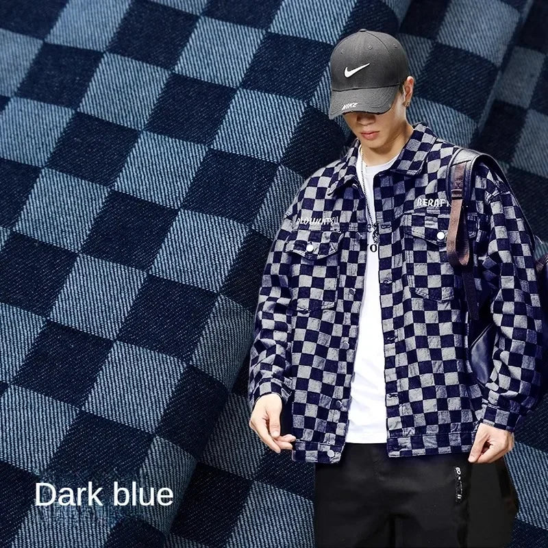 100% Cotton Jacquard Denim Fabric Plaid Jeans By The Meter for Dress Shirt Designer Clothing Sewing Washed Thickened Cloth Blue