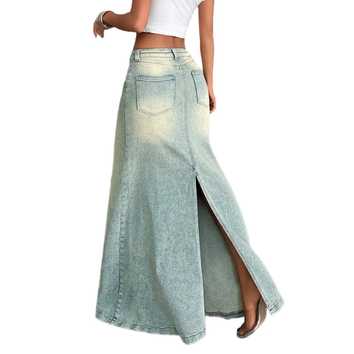 Denim Old Floor-length Slit Skirt for Women, Low Waist, Slimming, Fashionable and Trendy, Versatile for Everyday Use