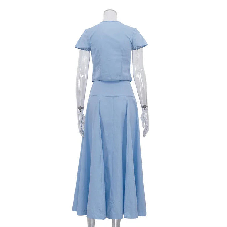 Two Pieces Women Dress Sets Solid Matching Sets Button Short Sleeves Top Empire Waist Ankle Length Skirt Loose Fit 2026 Summer