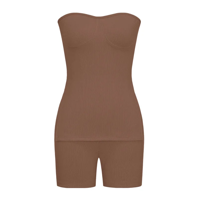 Sexy Solid Slim Suit For Women Fashion Strapless Side Split Top Elastic Waist Package Hip Shorts Two Piece Set 2026 Summer New