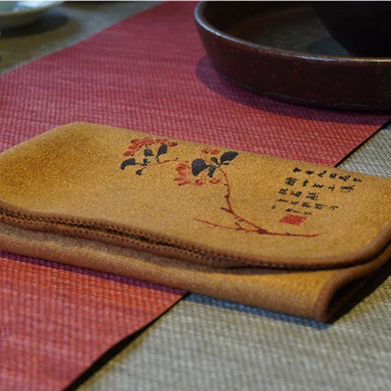 Zen Tea Towel Set: Hand-Painted Thick Linen Cotton Absorbent Cloth for Teapot, Table & Instrument Care (Erhu, Violin, Guzheng)
