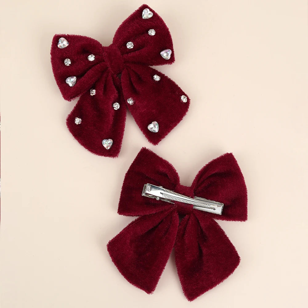 2Pcs Girls Velvet Bow Hair Clips Elegant Heart Shape Rhinestones Hairpins Vintage Burgundy Barrette Fall/Winter Hair Accessories