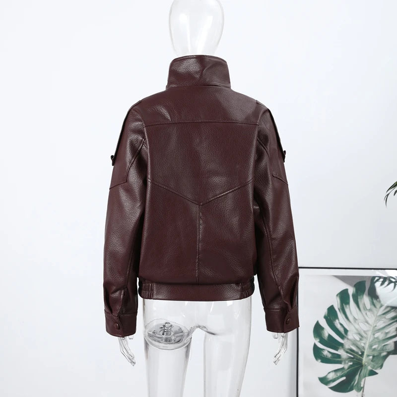 High Street Leather Jackets Women's Casual Double-breasted Turn Down Collar Loose Coats Elastic Waist 2026 Autumn New Outwear