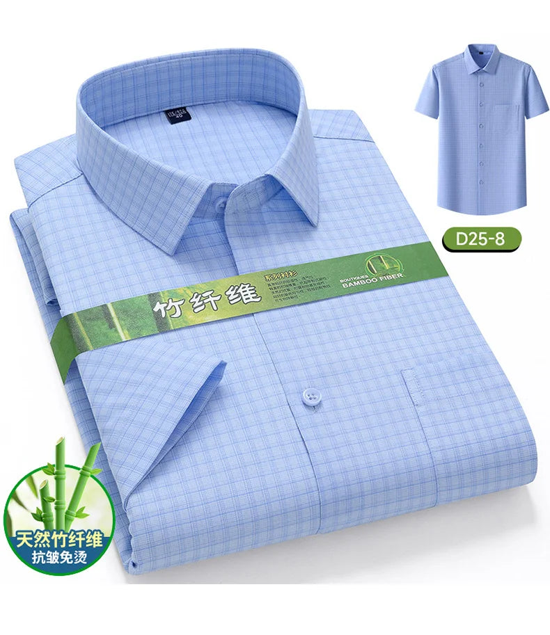 Men's Summer Bamboo Fiber Shirt Short Sleeve Lightweight Casual Breathable Soft Fabric Easy Care Slim Fit Business Casual Wear