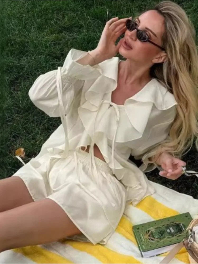 New Casual Shorts Two-piece Set For Women Ruffled Loose Lace-up Top Simple Shorts Suit Office Ladies Summer Women's Shorts Suit