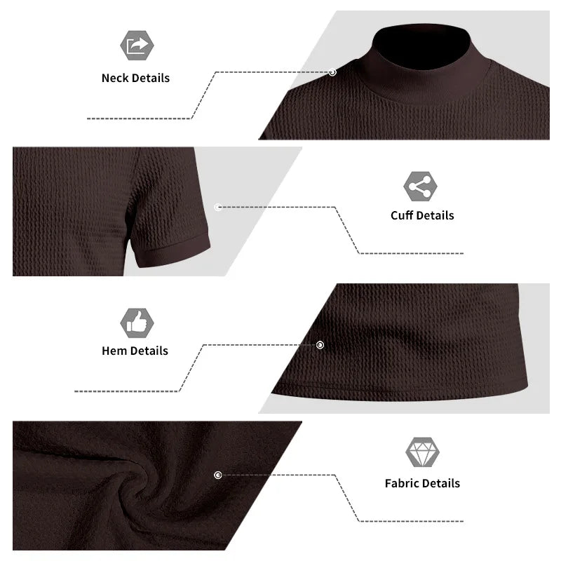 Men Summer Solid Jacquard Textured Mock Neck Short Sleeve T Shirt Slim Fit Simple Versatile Casual Daily Male Basic Tees