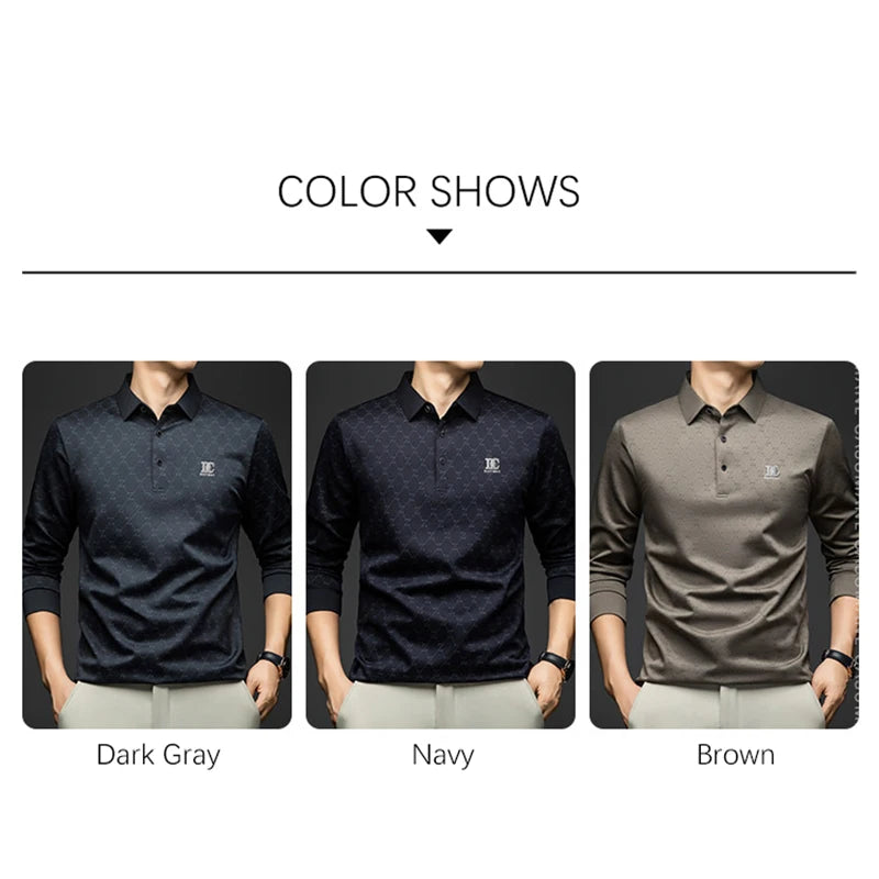 BROWON 2026 Spring Autumn Elegant Polo Shirts for Men Long Sleeve Lapel Color Printed Soft Comfortable Males Tops and Tees