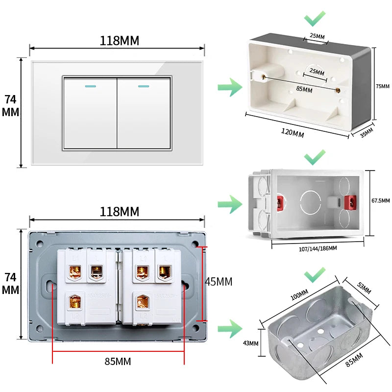 PSSRISE AU EU Brazil Italy US Standard 1/2/3/4/5/6 Gang 2 Way Wall light switch Tempered glass Panel Switch 118*74mm AC110-250V
