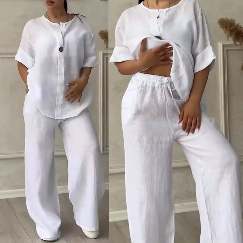 Casual Solid Color Pullover Long Pants 2-piece Set Women's Cotton and Linen Pants Suit White Pink