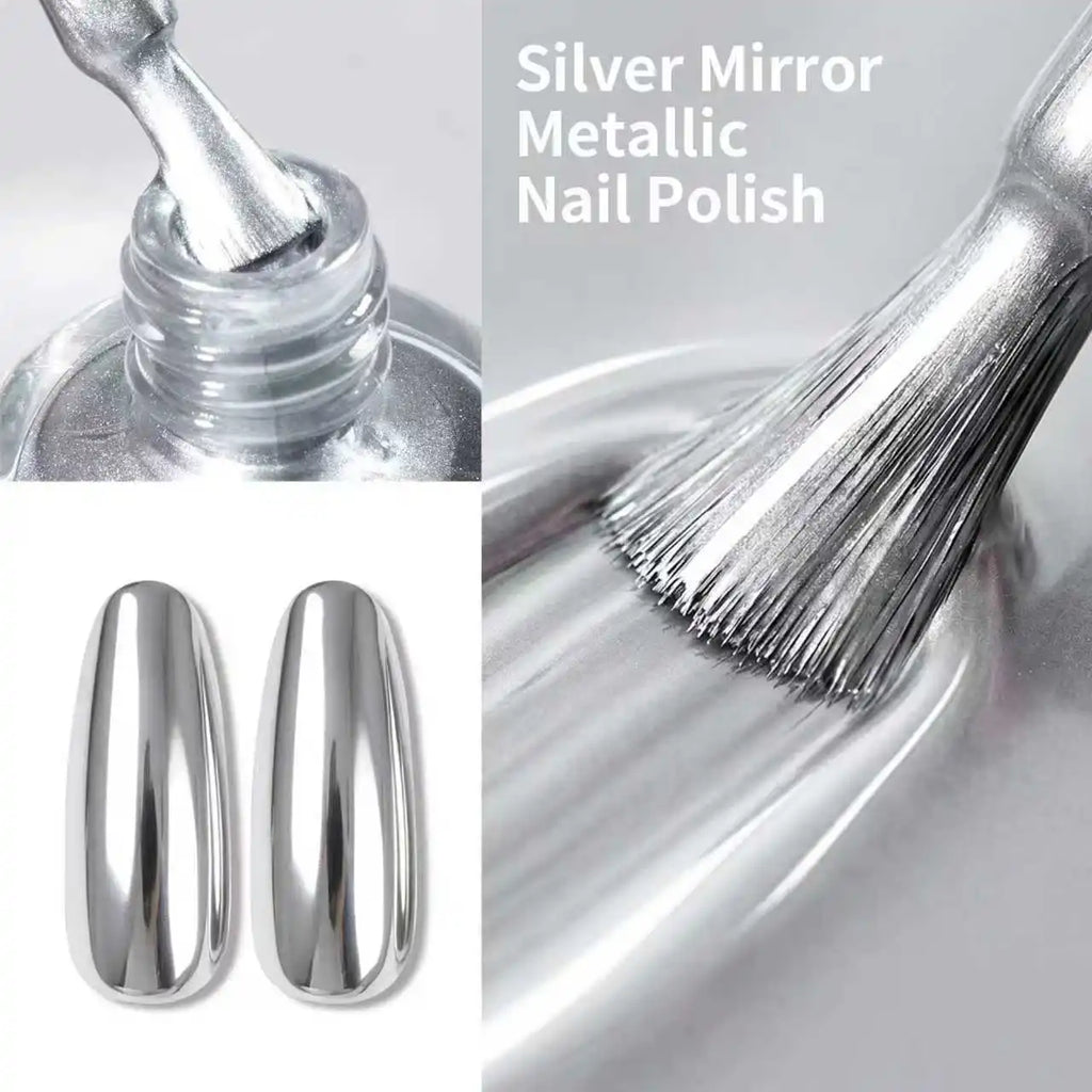 Silver Metallic Nail Polish—Quick-Drying, No UV Lamp Required, Mirror-Like Finish; the Perfect Choice for a Holiday Gift.