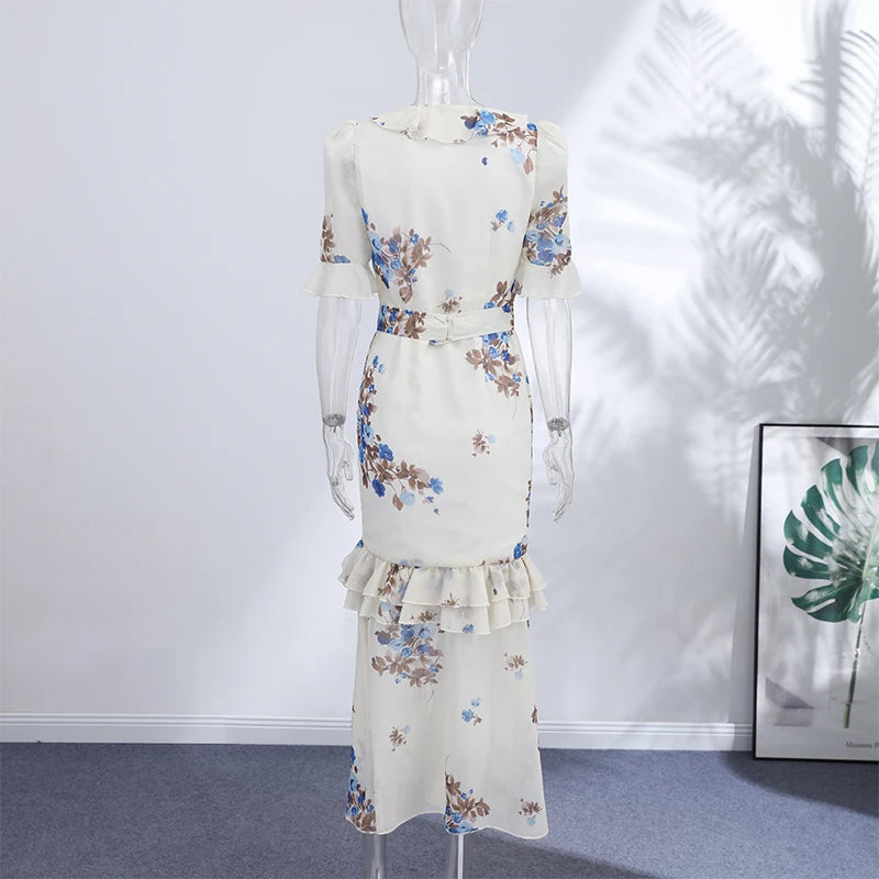 Sexy Print Women Long Dress Urban V-neck Single Breasted Ruffles Half Sleeve Female Dresses 2026 Spring Autumn Lady Robe