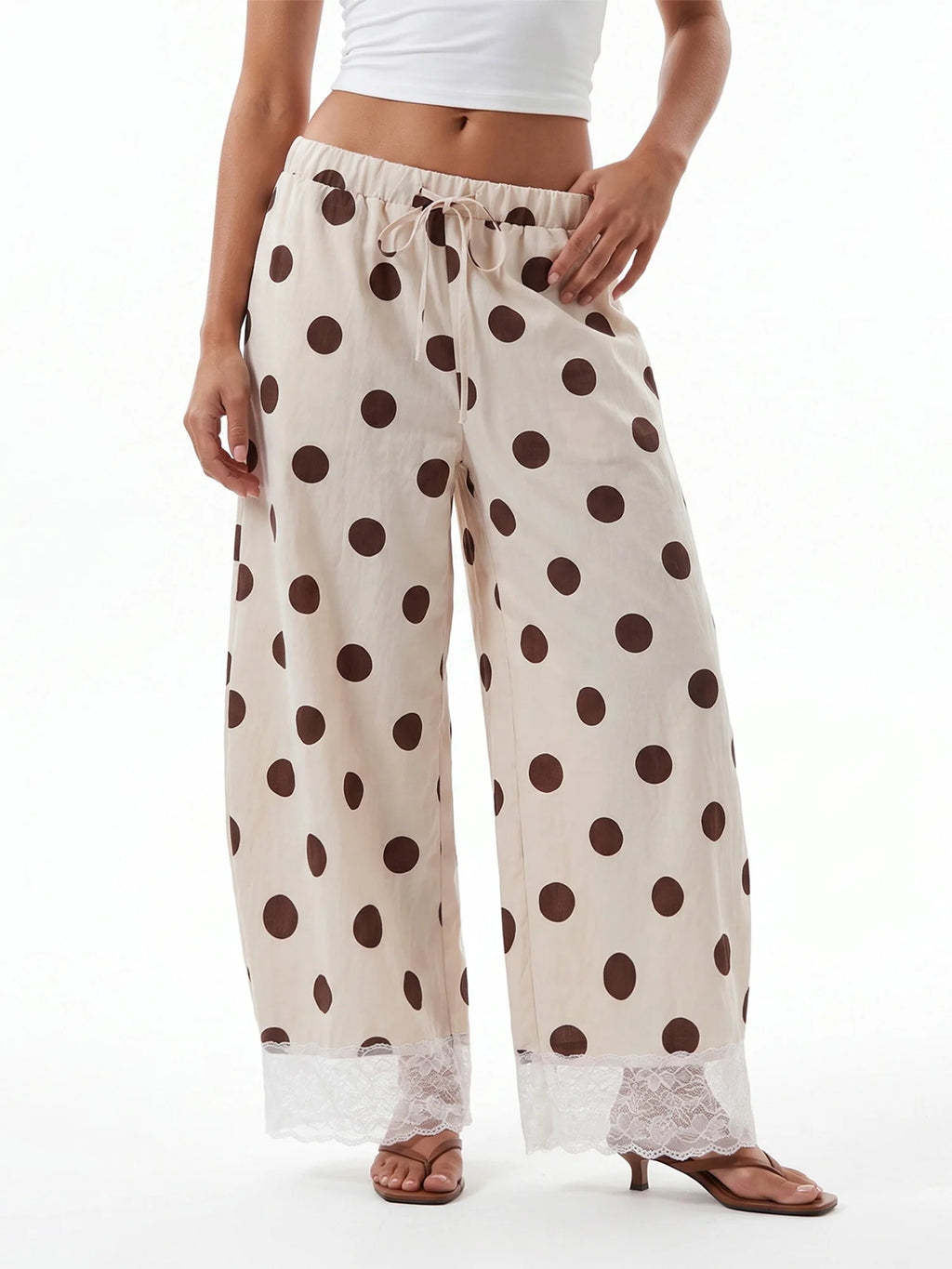 Women Y2K Retro Polka Dot Pants Lace Hem Elastic High Waist Drawstring Loose Fit Trousers Sweet French Style Vacation Bottoms