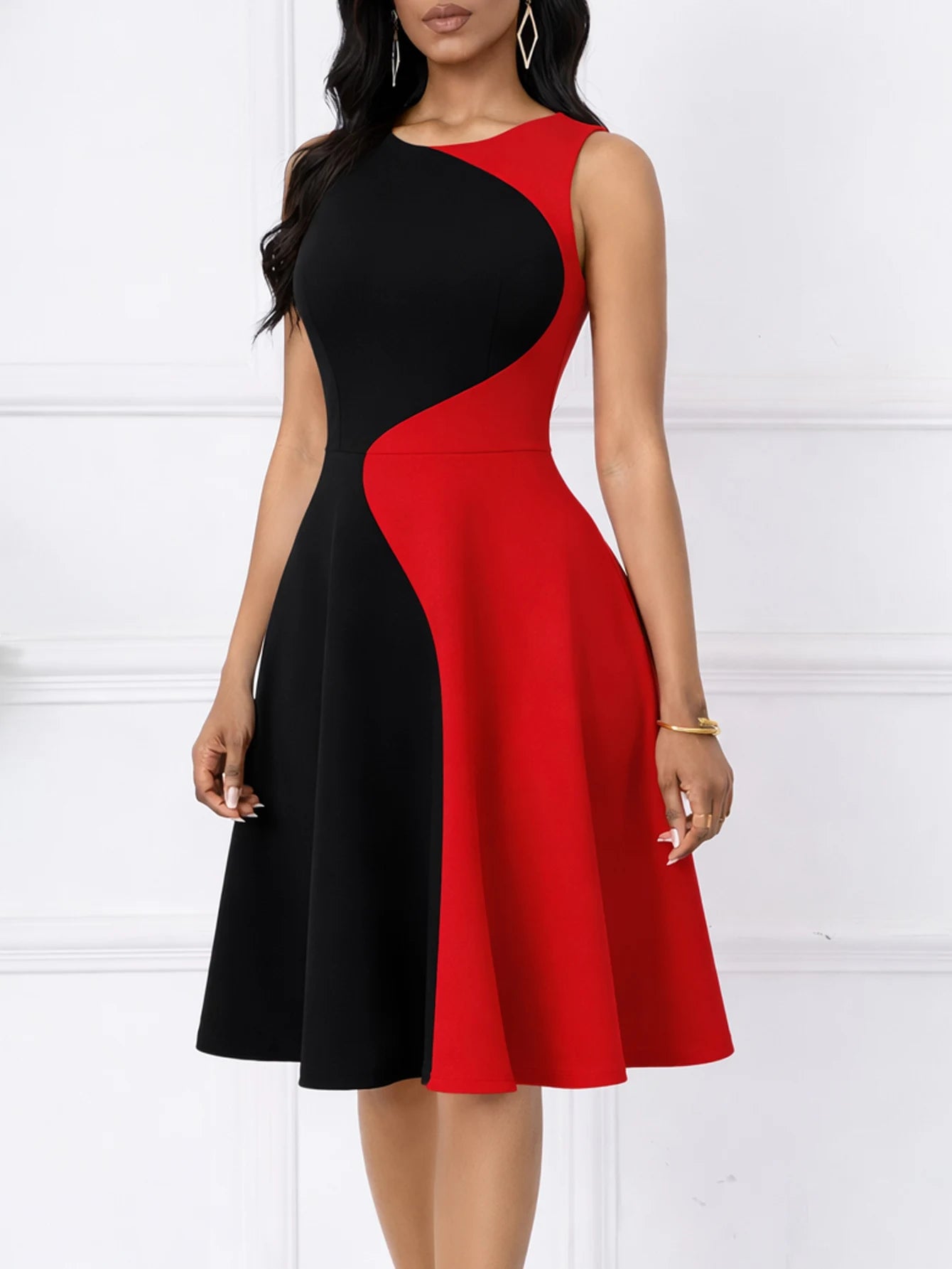 Womens Elegant Round Neck Sleeveless Summer Casual Fashion Party Knee Length Colorblock Fit and Flare Swing Dress