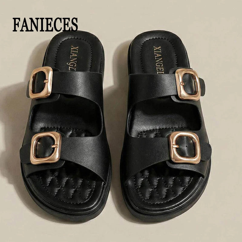 Casual Slippers Women PU Leather Open Toe Double Buckle Flat Summer Outdoors Non-Slip Soft Soles Slip On Beach Footwear Slippers