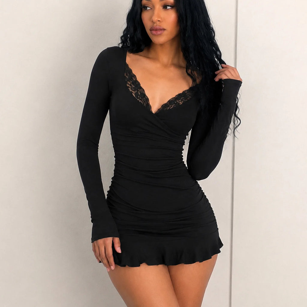 Fashionable Deep V-Neck Lace Panel Slim Fit Sexy Pleated Short Skirt Dress High Waist Milk Fiber Long Sleeve for Neutral Use